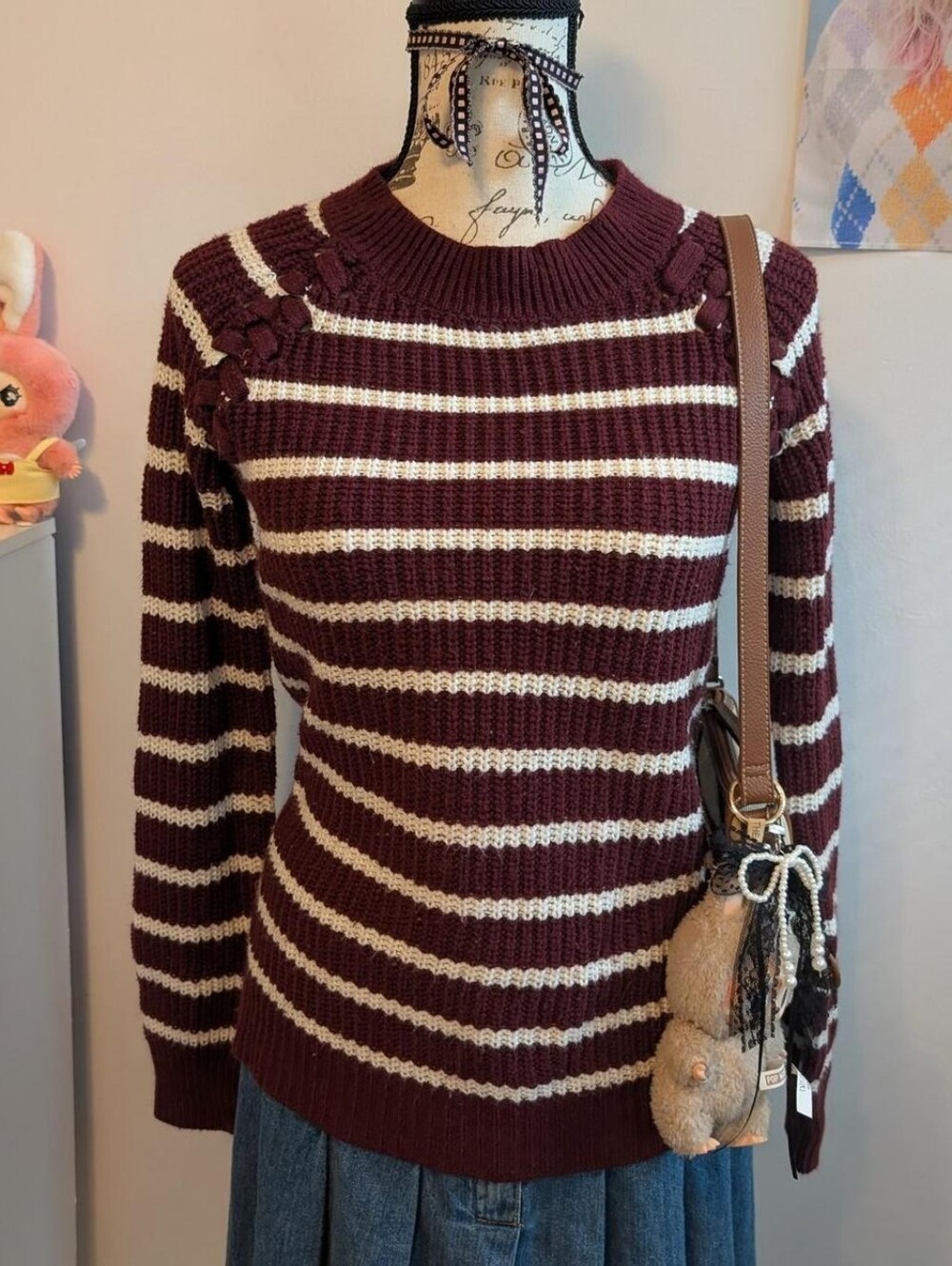 SO Maroon and Cream Striped Crewneck Sweater
